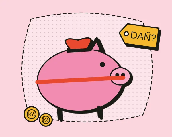 Růžové prasátko s mašlí jako dárek, mince a štítek s otazníkem daně