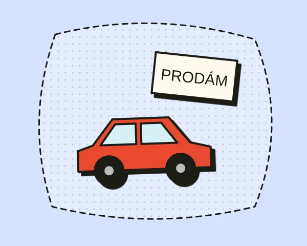 Červené autíčko s cedulkou Prodám