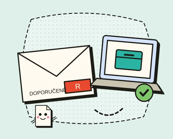 Obálka se štítkem doporučeně a monitor s elektronickou schránkou